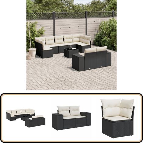 10-tlg. Garten-Sofagarnitur mit Kissen Schwarz Poly Rattan - Gartenmöbel - Esstischgarnitur - Outdoor Möbel - Lounge Set - Rattan Gartenmöbel