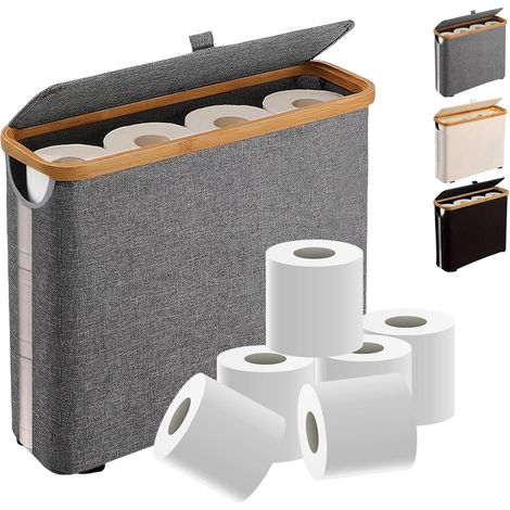 Toilettenpapierhalter für 12 Rollen, schmaler Korb mit Deckel, ideal fürs Badezimmer, aus robustem, leinenartigem Canvas, mit Gummifüßen, Maße: 43 x 15 x 8 cm (grau).