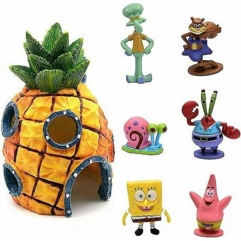 Décor aquarium Bob l'éponge, 7 pièces, accessoires et ornements résine pour bac à poissons, maison ananas, décoration complète pour aquarium tropical (1/5)
