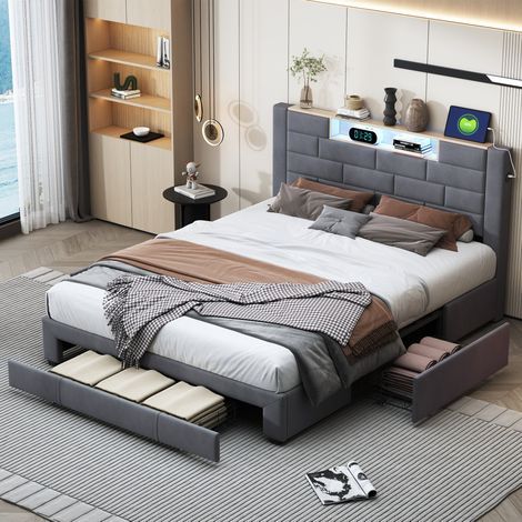 Lit capitonné double 140x200 cm en Velours Gris avec 3 tiroirs, LED et USB, Tête de lit rangement, Sommier à lattes, Cadre de lit (1/5)