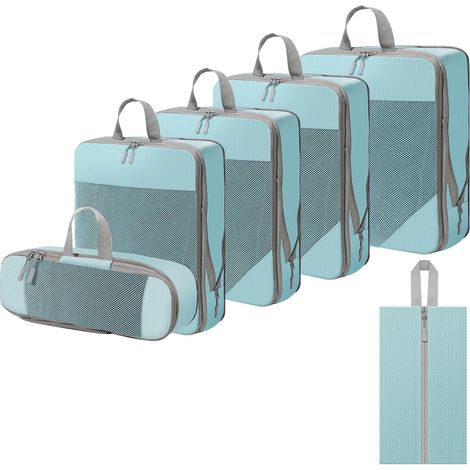 Lot de 6 blocs de compression rectangulaires en maille extensible et légère, idéaux pour organiser votre valise en voyage. (1/4)