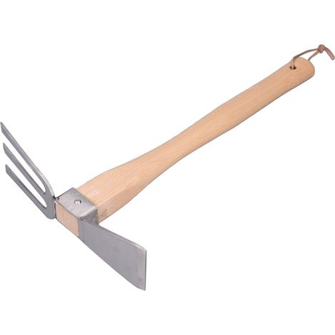 Jardinage outil 2-en-1 houe et râteau inox, désherbeur, sarcloir pour potager, modèle E04 (houe + râteau acier inoxydable), emballé dans sac PE et triple film à bulles. (1/5)