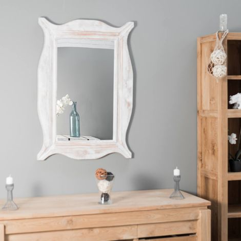 Miroir Moderne en bois patiné cérusé blanc 70 x 100cm (1/5)