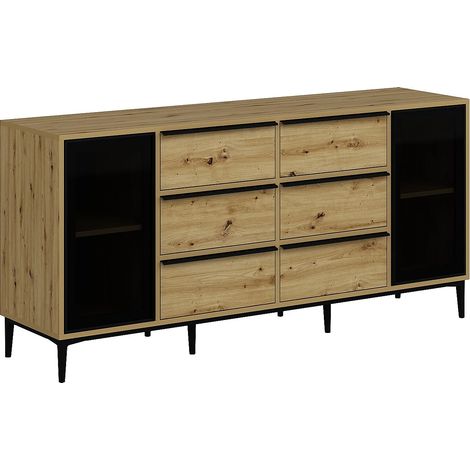 Vente-Unique – Buffet 180 cm avec 2 portes en verre trempé et 6 tiroirs – Finition mélaminé noir et naturel – À poser au sol (1/4)