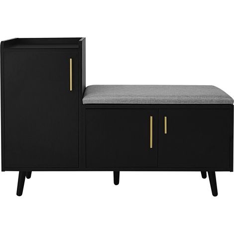Banc de rangement pour chaussures moderne avec 3 portes de rangement, poignées métalliques asymétriques, dimensions 100x34x69 cm, couleur noire (1/5)