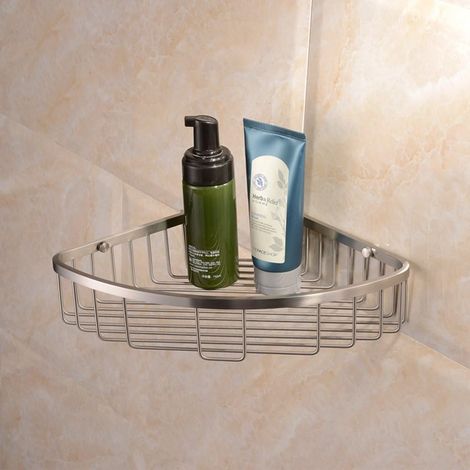 Estante esquinero de acero inoxidable para baño, montado en la pared, ideal para almacenamiento, con drenaje y ahorro de espacio. (1/3)