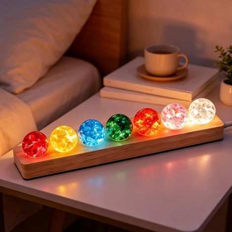 Boule de Cristal Chakra 7 Couleurs Avec Base En Bois, Boule Lumineuse 7 Chakra, Sphere Cristal de Roche, Cristaux de Guérison avec Base, Boules de Guérison pour Décoration de Chambre à Coucher, Salon (1/5)