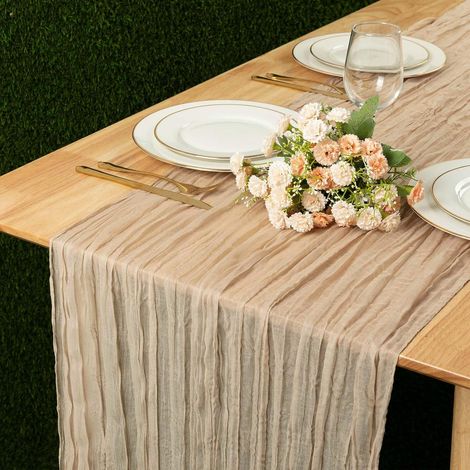 Chemin de table bohème de 4 m de long, en gaze kaki, napperon rustique et transparent, idéal pour un mariage, une fête prénuptiale, un anniversaire ou toute autre décoration de table. (1/4)