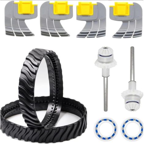 Pièces de rechange pour les robots nettoyeurs de piscine Zodiac MX6 et MX8 : 2 chenilles, 2 roulements de moteur, 4 brosses centrifuges pour le nettoyage du fond et 2 arbres de transmission.