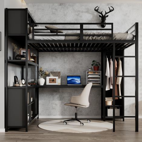 Lit superposé en fer 140x200cm noir,double rangement sous bureau,espace supérieur aménagé avec armoire intégrée. (1/5)