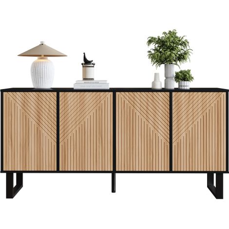 Buffet Moderne et Minimaliste,Design contrasté en grain de bois noir,Façade à rayures 3D,Très grand espace de rangement,Convient pour l'entrée et le salon (1/5)