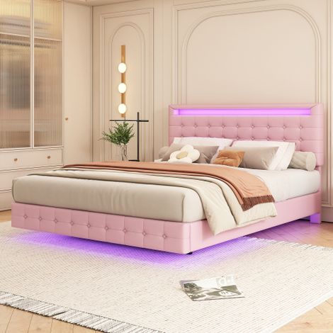 Lit adulte 140×200 cm avec éclairage LED  télécommande, tête de lit réglable en hauteur, sans matelas, rose
