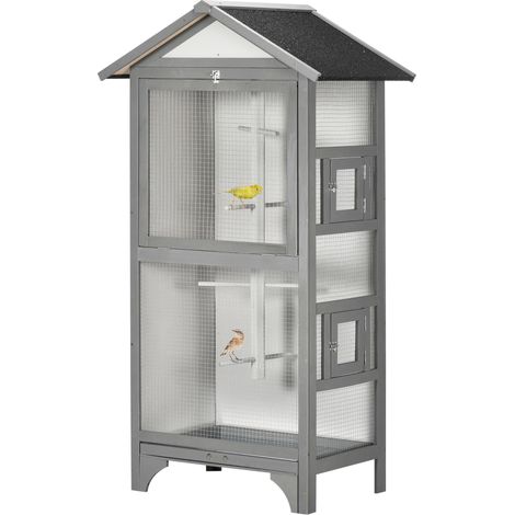 Volière extérieure en bois de sapin, 80,5 x 57 x 158,5 cm, gris clair, adaptée à la plupart des espèces d'oiseaux de compagnie comme les canaris, les perruches et les calopsittes, offrant un espace... (1/5)