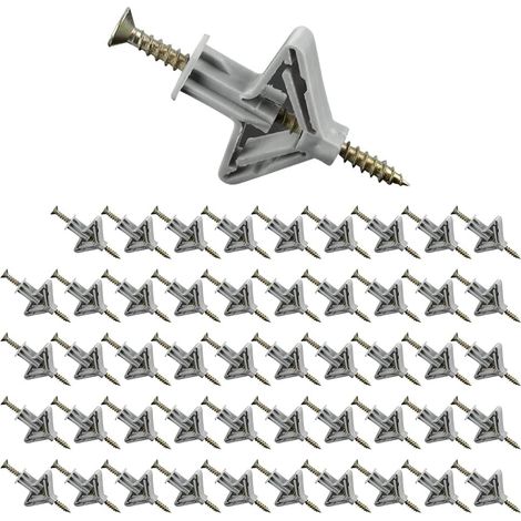 Lot de 100 chevilles pour plaque de plâtre - 50 chevilles pour cloison sèche avec 50 vis en acier inoxydable - Vis à expansion en spirale pour plaque de plâtre (gris) (1/4)