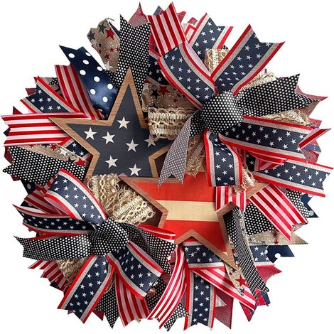 Guirlande En Maille Étoilée - 45 Cm - Décoration Porte D'Entrée Patriotique Avec Rubans Drapeau Américain Et Étoiles - Pour 4 Juillet Et Jour Des Vétérans - 1 Pièce