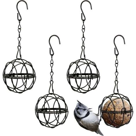 4pcs Mangeoires Oiseaux à Suspendre en Métal Porte Boule de Graisse à Oiseaux Intérieur Extérieur Noir 7cm de Diamètre Distributeur Nourriture avec 4 Crochets en Forme S (1/4)