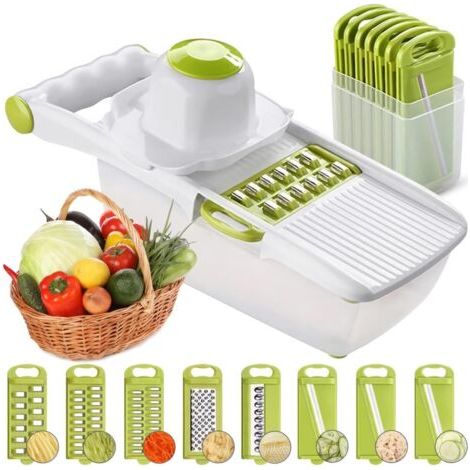 Mandoline tout-en-un, coupe-fruits et légumes, coupe-légumes multifonction, acier inoxydable interchangeable avec récipient alimentaire (1/5)