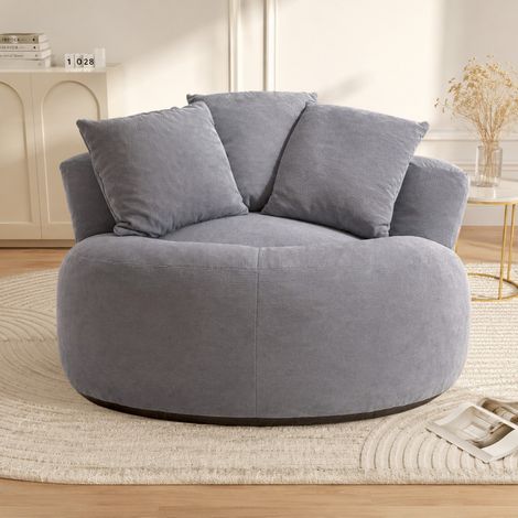 Pouf rond surdimensionné en velours côtelé rembourré, fauteuil de sol profond monobloc pour salon, chambre, 120x120x65 cm, gris (1/5)