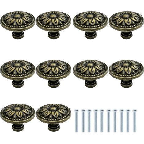 Set mit 10 runden Möbelknöpfen aus antiker Bronze mit Blumenmuster – 35 mm – Vintage – Für Küchenschubladen – Schubladengriffe aus Bronze