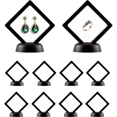 10 Pieces 3D Floating Display Cases, Dustproof Display Cases with Round Bases, Elastic PE Film Display Stands for Coins, Jewelry, Medals and Bracelets, Black, 7x7 cm (1/5)