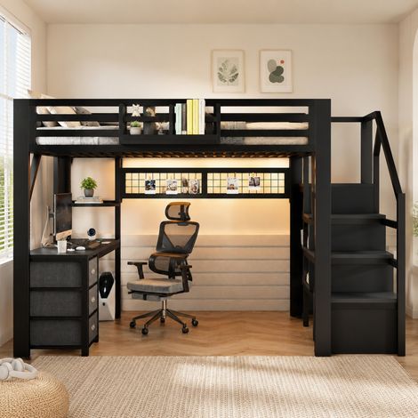 Lit mezzanine 140x200 cm noir en métal et MDF avec bureau, rangements et éclairage LED (1/5)
