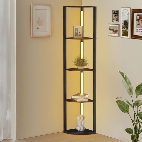 Jiubiaz étagère pour lampadaire secteur, 4 étagères en bois, LED dimmable, 163 cm avec télécommande, noir (1/5)