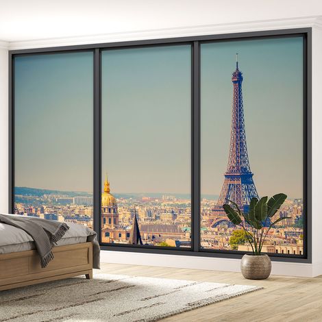 Papier peint panoramique Trompe l'oeil baie vitrée - Paris tour Eiffel - 130 cm x 78 cm (1/5)