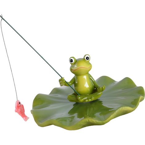 Rane in resina uniche che tengono una canna da pesca, ornamento