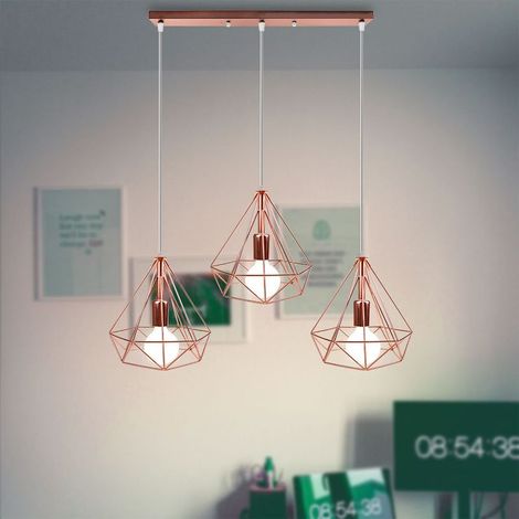 Suspension Luminaire Industrielle 3 Lampes Lustre Abat-jour Cage Diamant Or Rose (1/5)