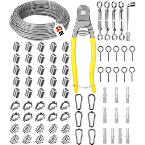 3mm 35m Corde en Acie Kit, Inoxydable 304 Câble en Acier, Suspendre fil à linge avec Tendeur Crochet, Cable Acier PVC Enrobage pour Plante Grimpante, Corde a Linge, Suspension Lumineuse (1/5)