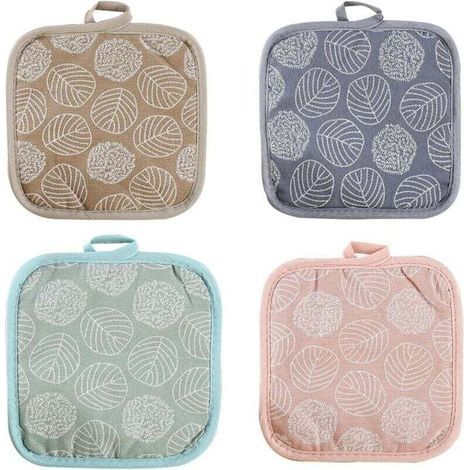 Ensemble de 4 maniques, sets de table, dessous de plat isolants et poignées antidérapantes en lin-coton résistant à la chaleur pour casseroles, assiettes, bols et tasses (motif feuilles) (1/4)