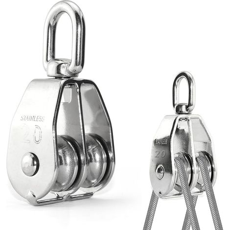 Stainless Steel Pulley, Lifting Pulley, Steel Cable Pulley, Double Pulley Block, M20 Pulleys, Rotatable Hook Bearing Lifting Pulley for Transport, Loading 75 kg (1/5)