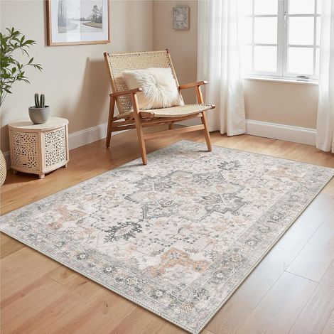 1 tapis de salon vintage gris-marron, 50 x 80 cm, envers antidérapant, lavable, poils ras, convient pour cuisines, salles à manger, bureaux et chambres (1/5)