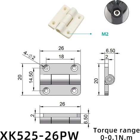 (XK525-26XW) 2 charnières à clapet pliantes en plastique et alliage de zinc avec amortisseur de torsion, butée de positionnement réglable et tampon de couple (1/5)