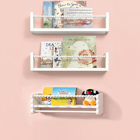 Étagère murale suspendue pour enfants, Bibliothèque 3 niveaux en bois – Avec barre pour serviettes – Idéale pour chambre d’enfant, chambre, cuisine – Dimensions 40 × 15 × 10 cm (Design ondulé)