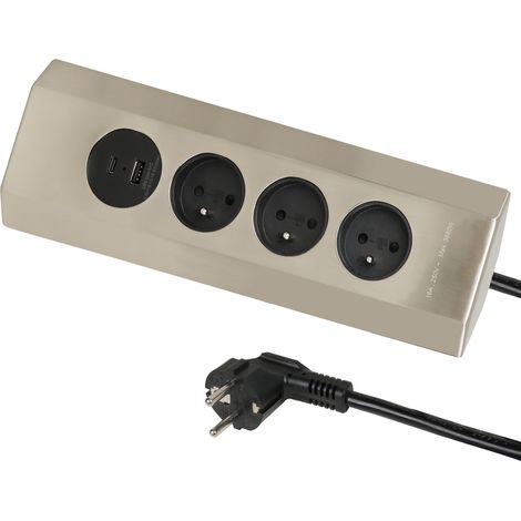 Bloc Multiprise cuisine d’Angle, 3 prises norme française 16A + 2 Port USB 1 type A et 1 type C, Câble 2M H05VV-F section 3G1.5 mm (1/5)