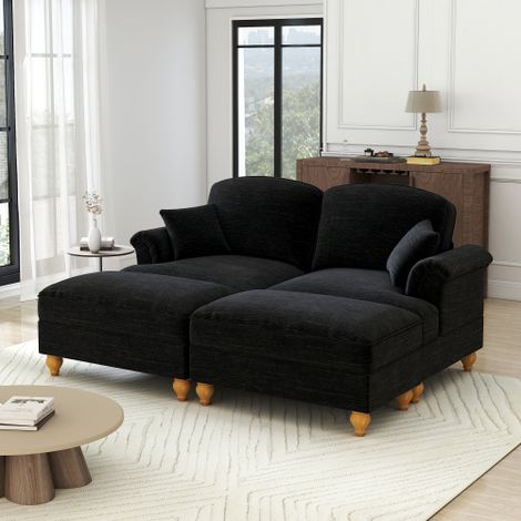 Klassisches modulares 2-Sitzer Sofa aus Chenille mit Trichter-Armlehnen, abnehmbarer Rüschenschürze, spindelförmigen Beinen & beweglichem Hocker – Weiches, tiefes Cloud-Sofa fürs Wohnzimmer,Schwarz
W