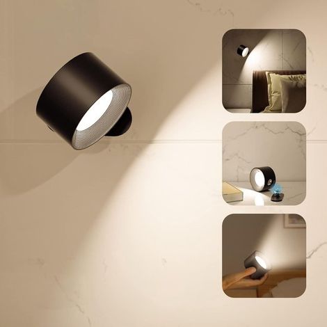 Lámpara de pared para interiores，Lámpara LED de pared para mesita de noche，Luz nocturna recargable por USB，giratoria 360° (negra) (1/5)