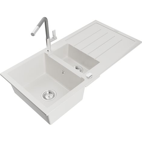 Mexen Andres fregadero de granito 1,5 senos con escurridor y grifo de cocina Flora, blanco - 6515-20-670401-06 (1/5)