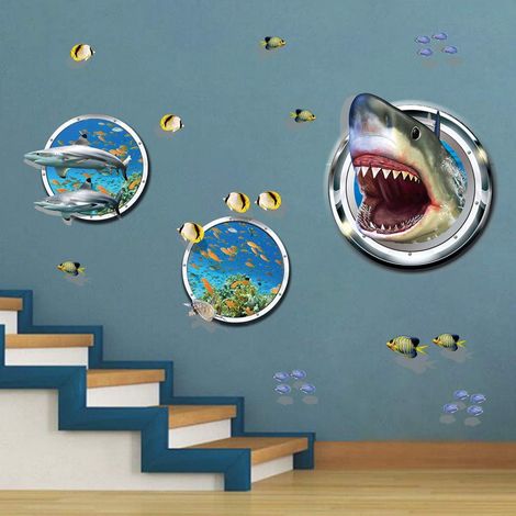 3D-Hai-Wandaufkleber, tropische Fische, DIY-Wandtattoos, Kunst D