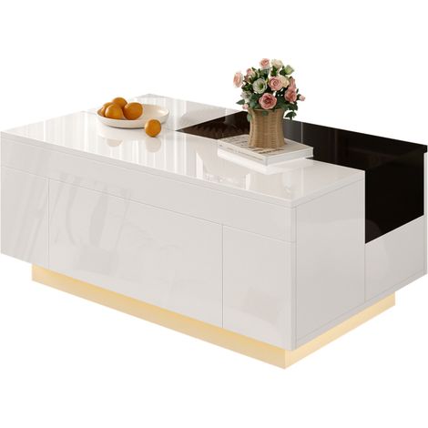 Table basse LED 16 couleurs, plateau extensible, rangement caché - Noir et Blanc brillant (1/5)