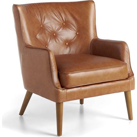 Fauteuil rembourré en cuir dossier capitoné pieds bois - Cognac, noix (1/5)