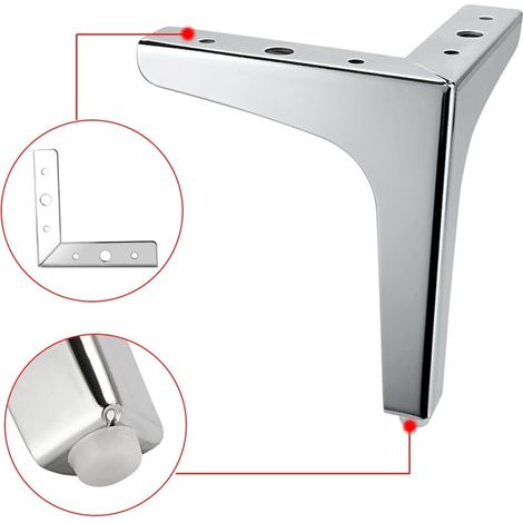 Lot de 4 pieds de meubles en métal – Pieds de meubles modernes pour canapé, chaise, table, armoire, bricolage, pieds de meubles d'angle de rechange robustes pour commode, armoire, lit (argent, 15,2 cm (1/4)