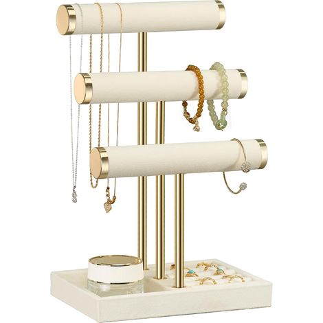 Organisateur de Bijoux à 3 Niveaux - Présentoir à Bijoux Beige pour Bracelets, Support à Bracelets en Velours, Support à Bijoux, Colliers, Montres, Bagues (1/5)