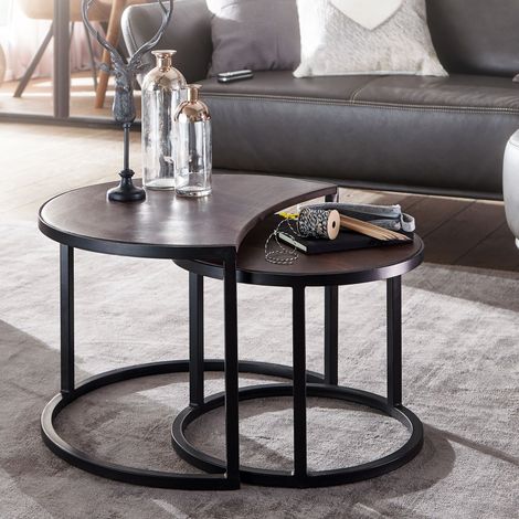 Lot de 2 tables basses 60 et 44 cm en manguier marron et fer noir (1/5)