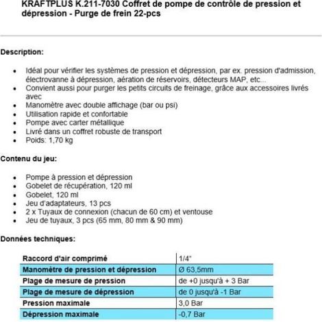 Pompe À Vide - Pompe De Pression Et Dépression - Pour Test Et Purge De Circuit De Frein - 22 Pièces (1/2)