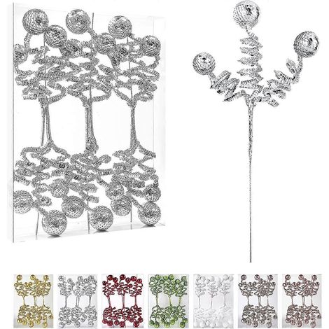Ensemble de 6 décorations argentées pour sapin de Noël : boules à paillettes, pics décoratifs. Idéal pour décorer le sapin, la maison ou le bureau.