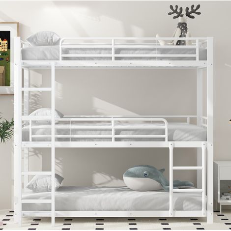 Letto a castello triplo 90x200 cm bianco in metallo con scale e sponde di sicurezza (1/5)