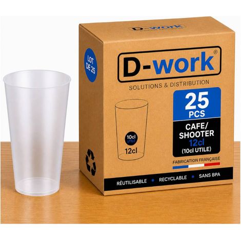 Lot de Verres Gobelets Réutilisables 20 cl (12,5 cl utile) en Polypropylène Sans BPA, Translucides, Résistants et Recyclables, Idéal Soirées, Bars, Événements et Professionnels - D-Work