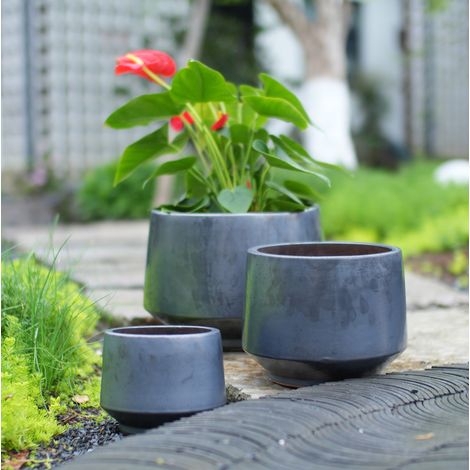 Set di 3 vasi da fiori in ceramica, nero opaco, resistenti al gelo, con foro di drenaggio DESVIAE (1/5)